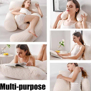 MaterniCare SnuggleMate G-Shape pregnancy pillow in green and grey for full-body maternity support and hypoallergenic comfort