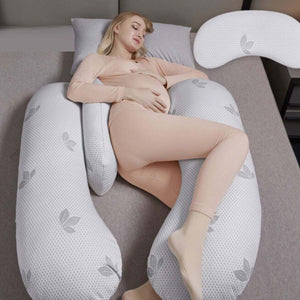 MaterniCare SnuggleMate G-Shape pregnancy pillow in green and grey for full-body maternity support