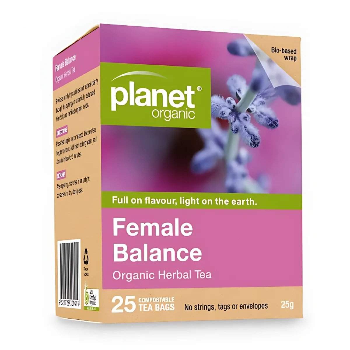 Planet Organic Female Balance Tea organic herbal pyramid tea bags with licorice, sage, nettle, chamomile, and lemongrass for hormone balance and menstrual comfort.