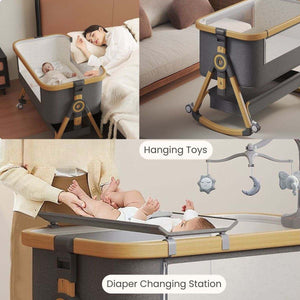 Toddly CuddleCrib 3-in-1 baby bassinet with wood grain finish, adjustable height, breathable mesh sides, premium 4D Air Fiber mattress, and under-bassinet storage basket