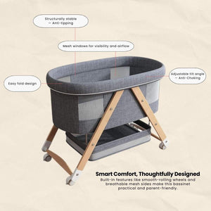 Toddly CuddleCrib Oval 3-in-1 wooden bassinet with breathable mesh sides and ergonomic mattress