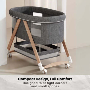 Toddly CuddleCrib Oval 3-in-1 wooden bassinet with rocker, foldable design, premium mattress, and breathable mesh sides