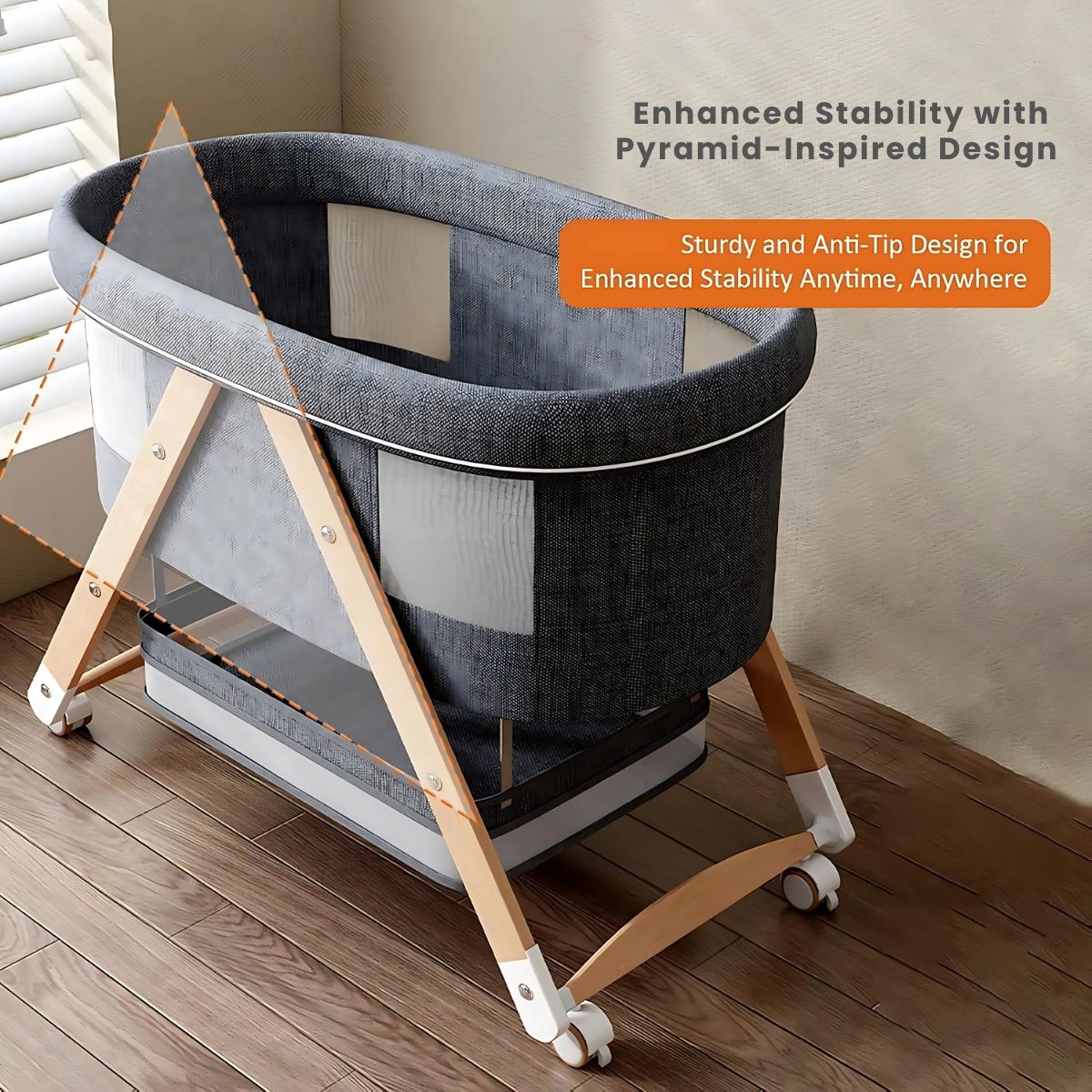 Toddly CuddleCrib Oval 3 - in - 1 Wooden Bassinet – Rocker, Foldable & Premium Mattress Baby Bassinet