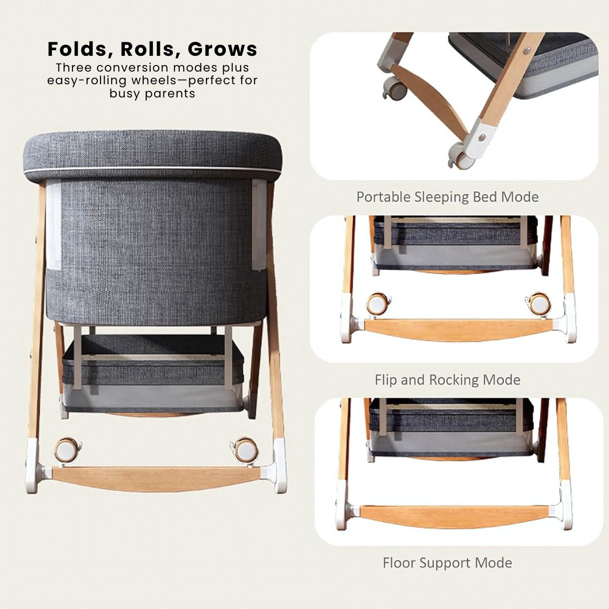 Toddly CuddleCrib Oval 3 - in - 1 Wooden Bassinet – Rocker, Foldable & Premium Mattress Baby Bassinet