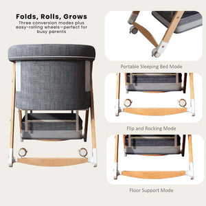 Toddly CuddleCrib Oval 3-in-1 wooden bassinet with premium mattress and breathable mesh sides