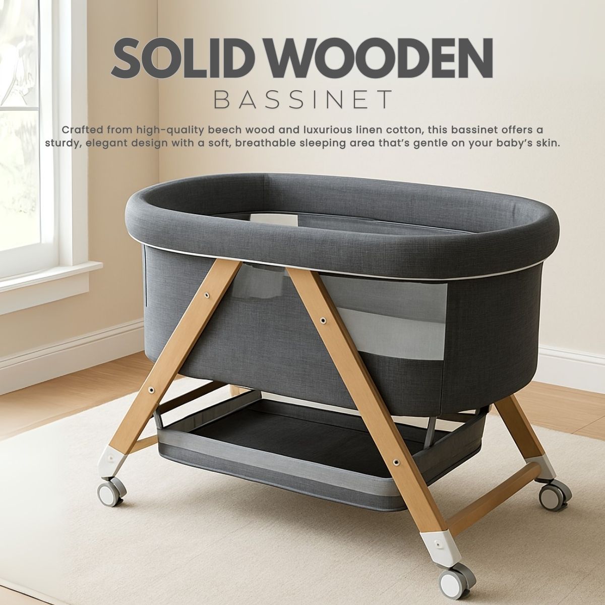 Toddly CuddleCrib Oval 3 - in - 1 Wooden Bassinet – Rocker, Foldable & Premium Mattress Baby Bassinet