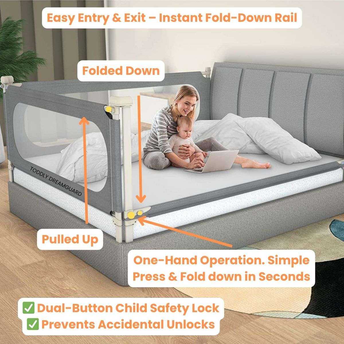 Toddly DreamGuard V2 adjustable baby bed rail with breathable mesh for safe children's sleep