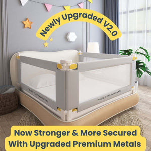 Toddly DreamGuard V2 adjustable baby bed rail with breathable mesh and steel frame for child safety and mattress compatibility