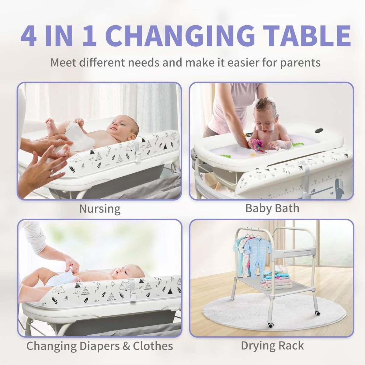 Toddly FlexiBathe adjustable baby changing table with fold-flat bath and thermometer