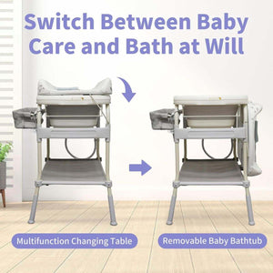 Toddly FlexiBathe 2-in-1 adjustable baby bathtub and changing table with storage and lockable wheels