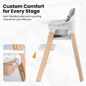 Toddly FlexiGrow Beechwood 3-in-1 ergonomic baby high chair with adjustable footrest and natural wood legs