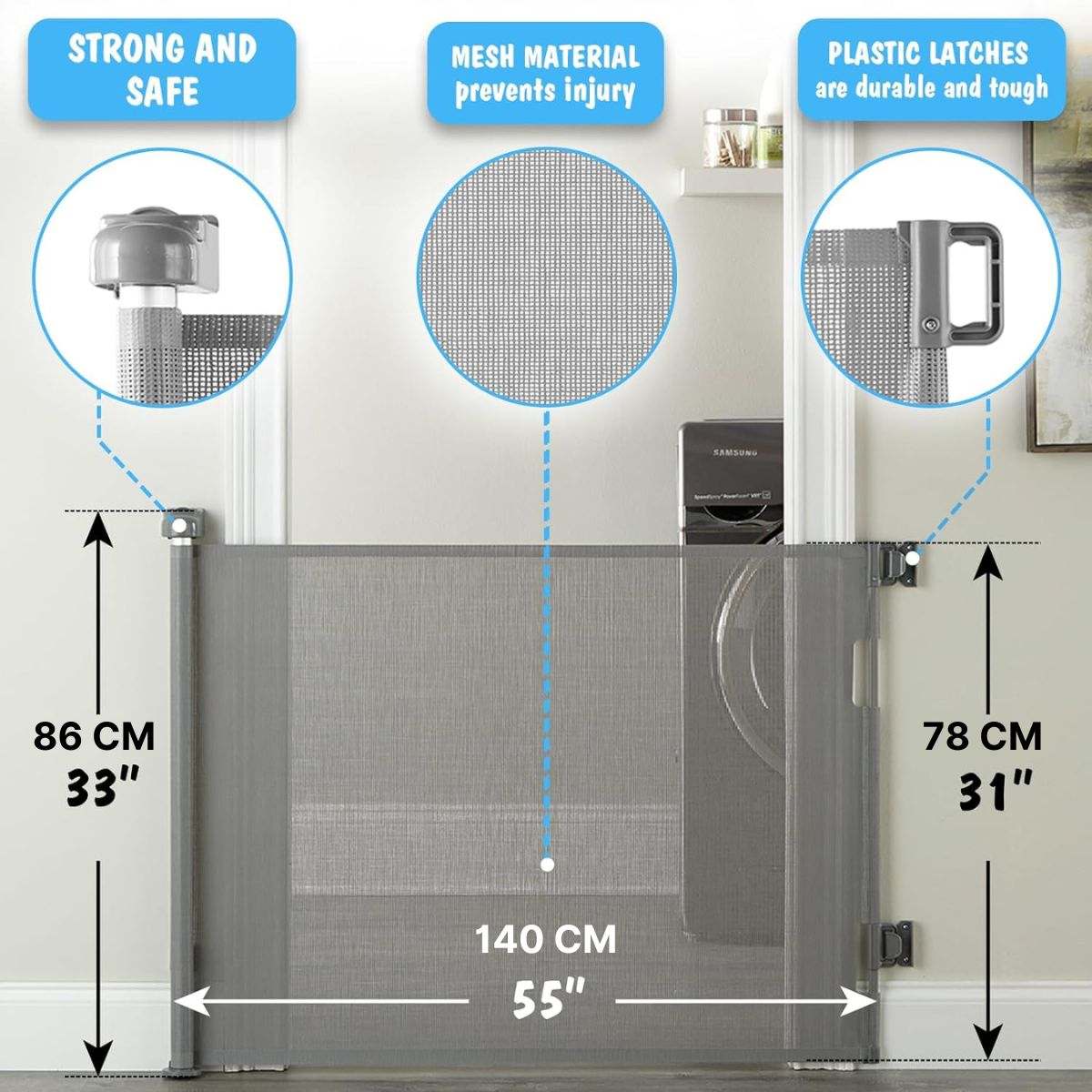 Toddly GuardMate retractable baby gate installed in doorway for child and pet safety