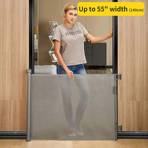 Toddly GuardMate retractable baby gate, extra wide, mesh safety gate for babies and pets, no trip hazard design, one-handed operation, indoor and outdoor use