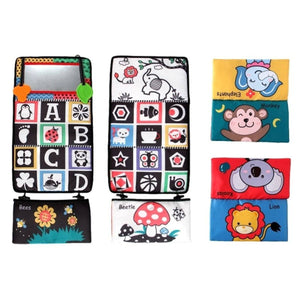 Montessori-inspired sensory tummy time mirror toy with textured cloth book and soft teethers for babies