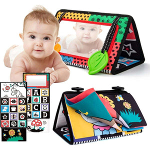 Montessori-inspired sensory tummy time mirror toy with textured cloth book and soft teethers for baby development
