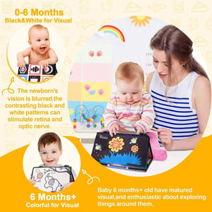 Montessori-inspired sensory tummy time mirror toy with textured book and soft teethers for baby development