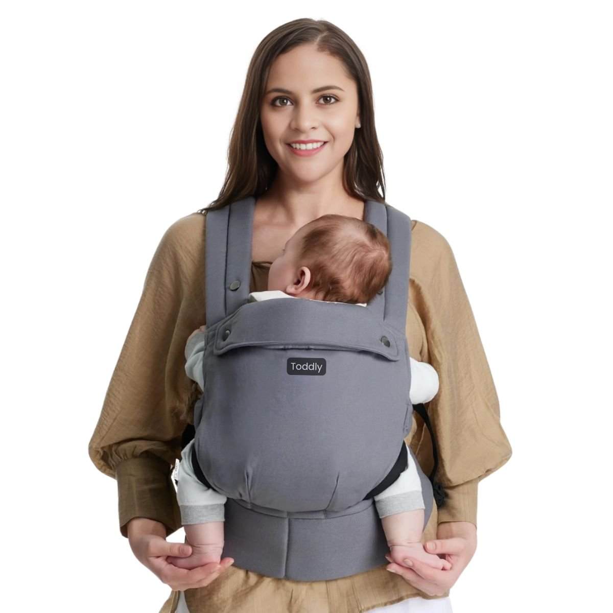 Toddly SnugNest ergonomic baby carrier supporting newborn to toddler comfort with adjustable, hip-healthy design and breathable fabric