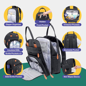 Toddly Urban Ease Series waterproof diaper bag with multiple compartments and portable changing pad for organized parenting on the go