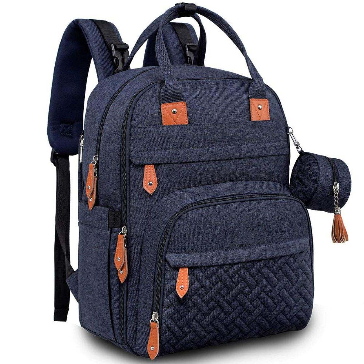 Toddly Urban Ease Series waterproof diaper bag with multiple compartments, insulated pockets, and portable changing pad for organized baby essentials