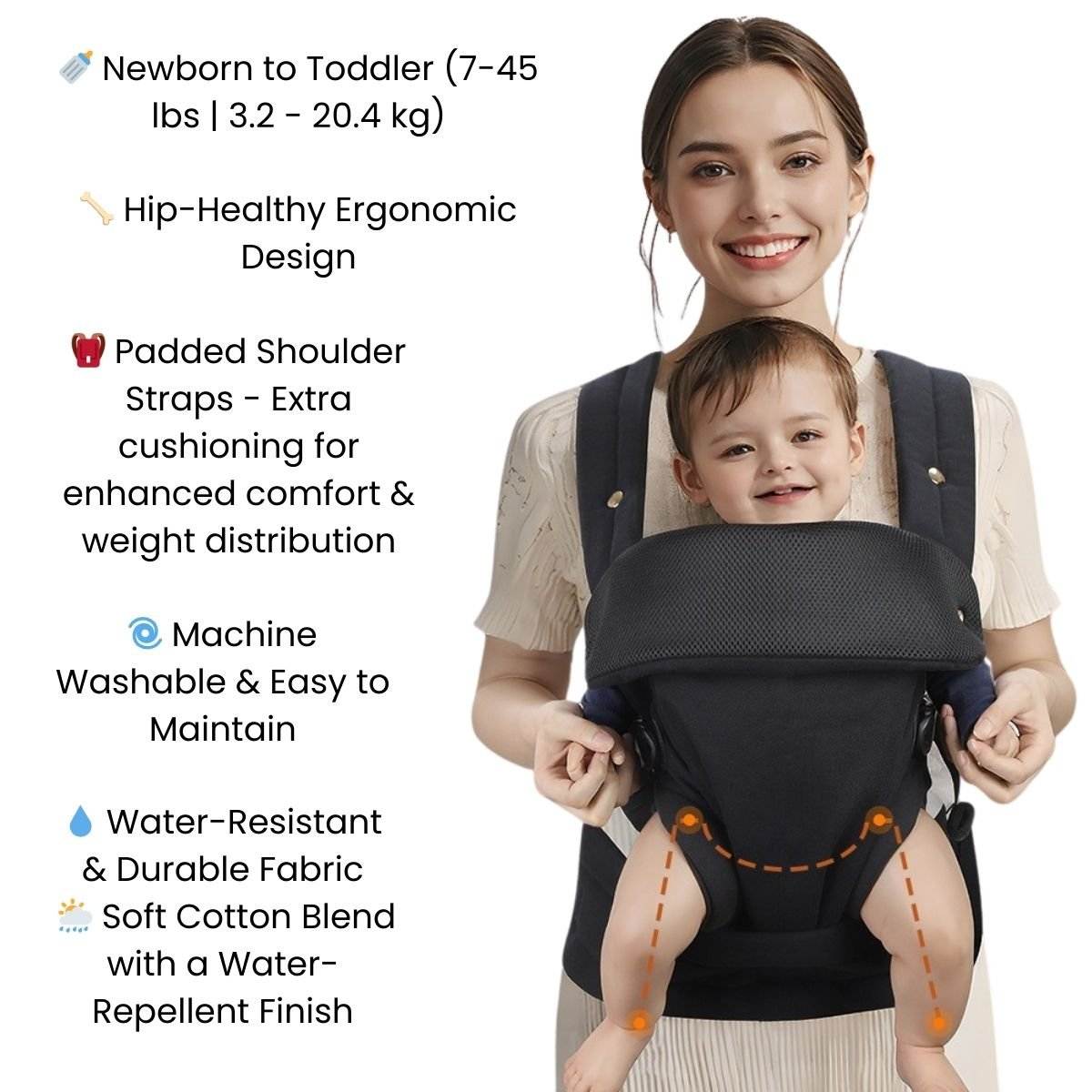 Toddly VivreNest ergonomic baby carrier with breathable fabric and hip-healthy design for newborns to toddlers