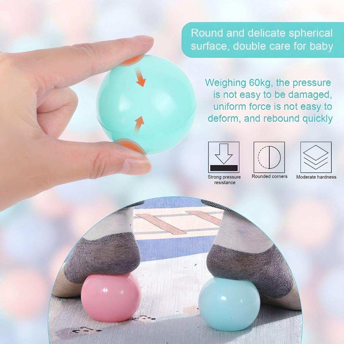 BabiePlay Colourful Odyssey Ball Pit Ball being pressed to show strong pressure resistance and safe, rounded design for babies