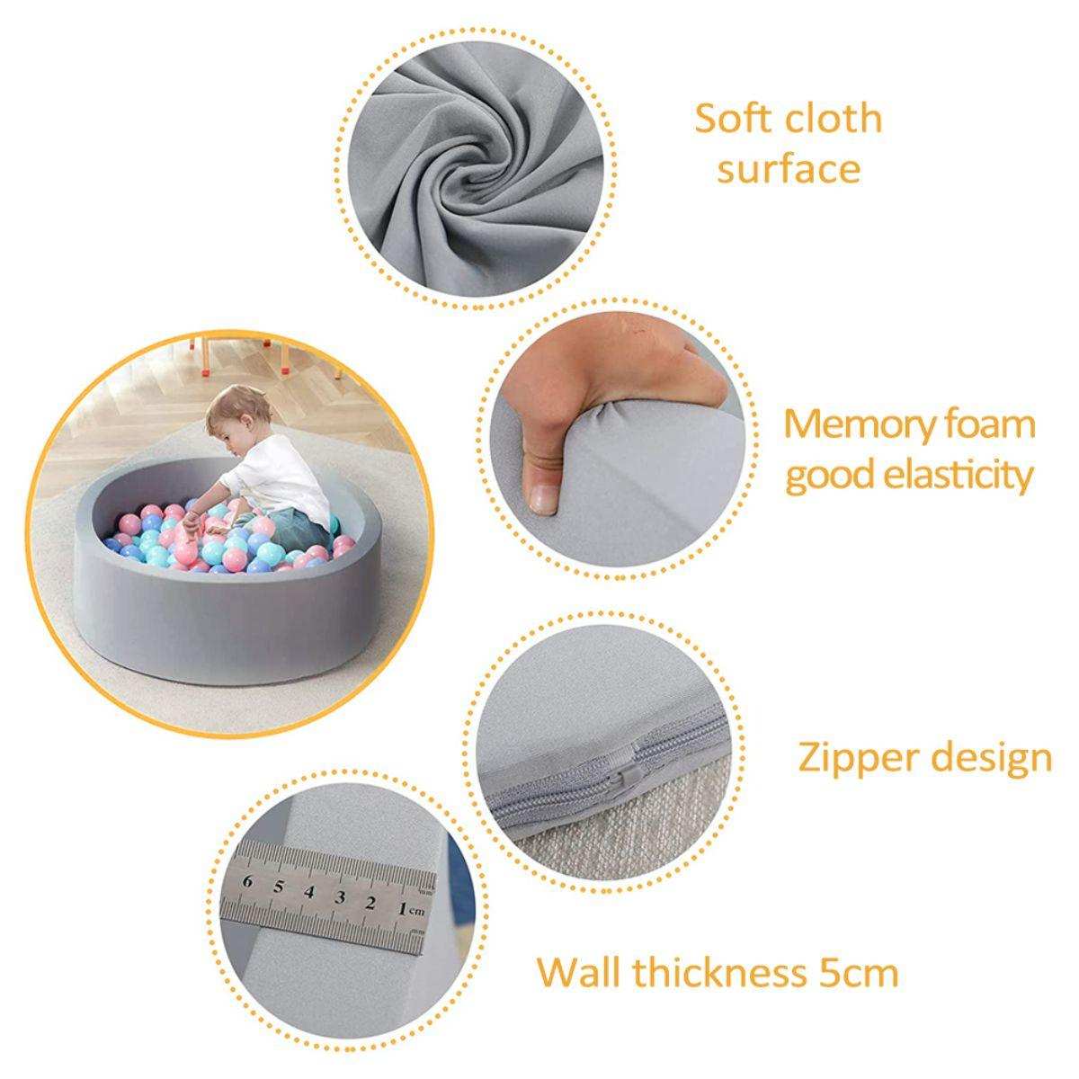 BabiePlay Ultimate Foam Ball Pit with soft cloth surface, memory foam, zipper design, and 5cm wall thickness for safe indoor play
