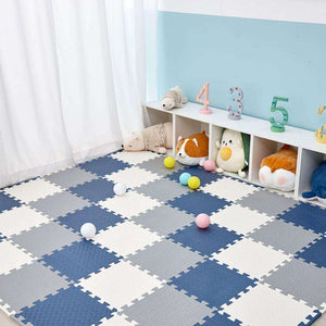 BabiesMart SoftSteps blue, gray, and white interlocking baby play mats in a nursery room with toys and numbers on shelves