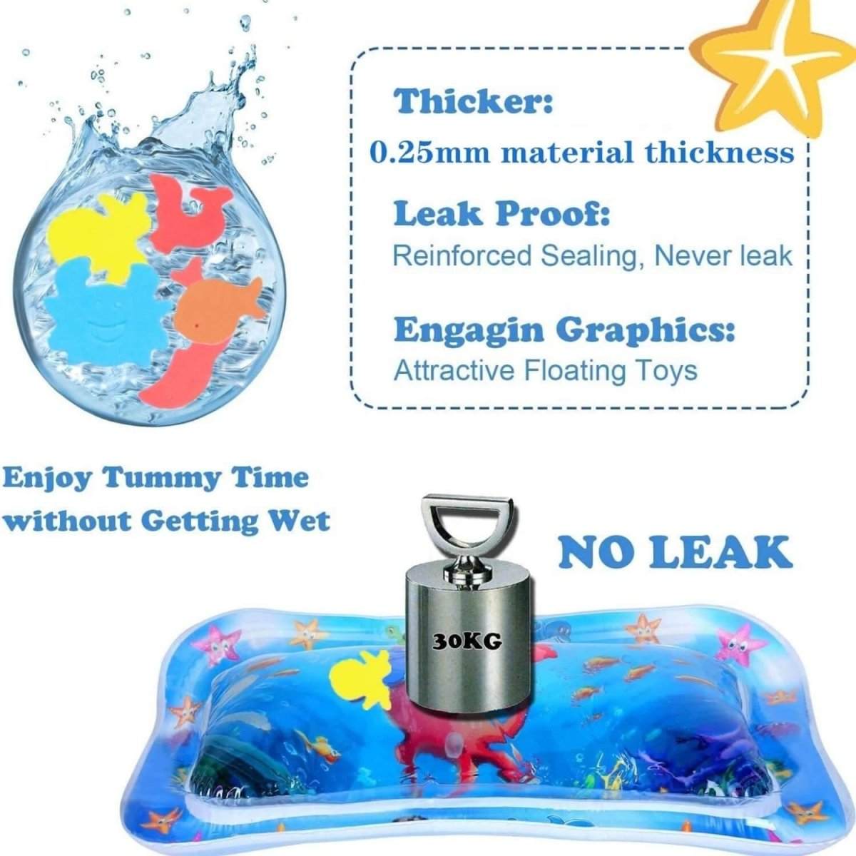 BabiesMart Tummy Time Water Play Mat with thicker 0.25mm PVC, leak-proof reinforced sealing, and colorful floating toys for sensory baby development.