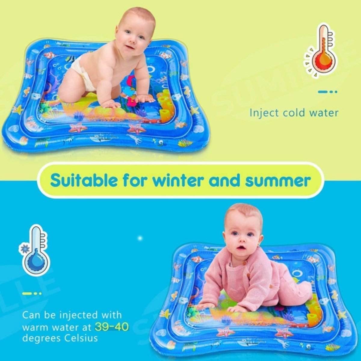 BabiesMart Tummy Time Water Play Mat with baby on inflatable sensory mat suitable for winter and summer, showing cold and warm water temperature options