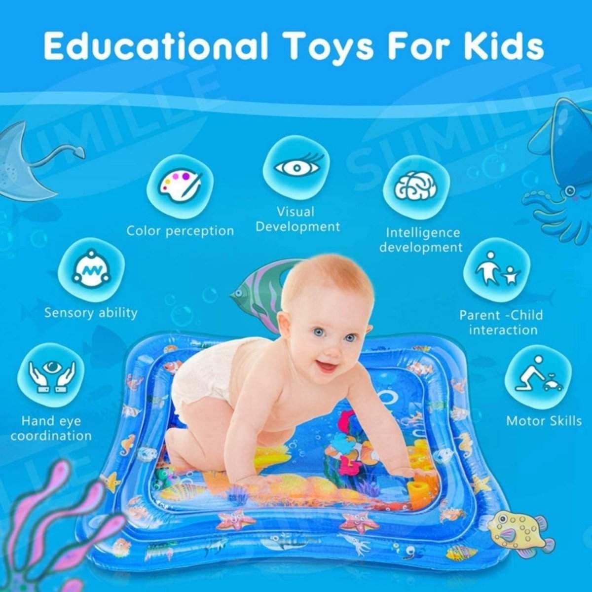 Baby playing on BabiesMart Tummy Time Water Play Mat with educational toys enhancing sensory, motor skills, and development