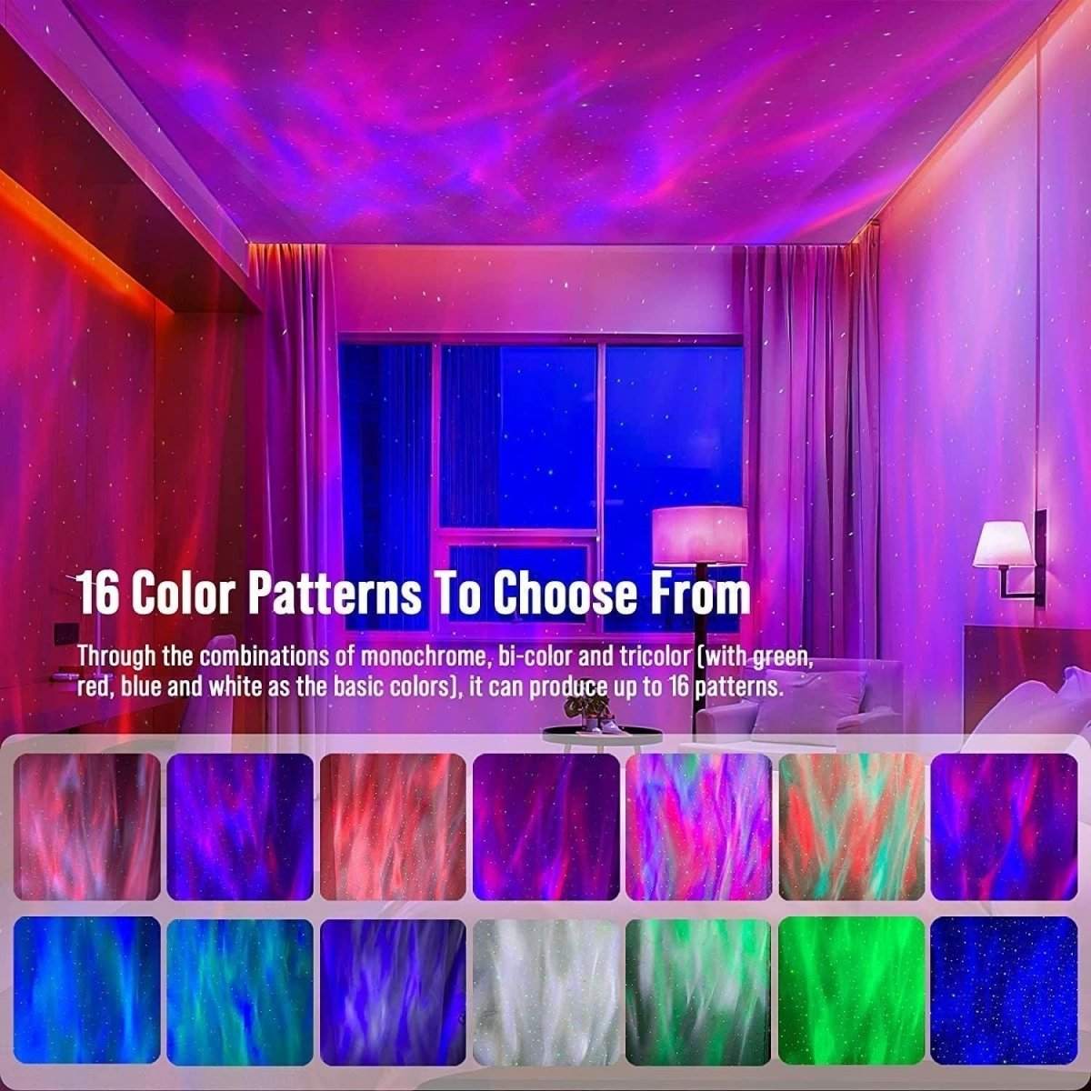 Glowly 4-in-1 Dino Egg galaxy projector showing 16 colorful starry night light patterns in a bedroom setting