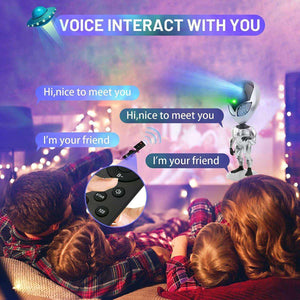 Kids using remote to interact with Glowly Alien Galaxy Projector with voice repeating feature and colorful nebula lights