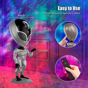 Alien Galaxy Projector with alien design, 12.2-inch height, touch button, remote control, projecting colorful galaxy lights on walls