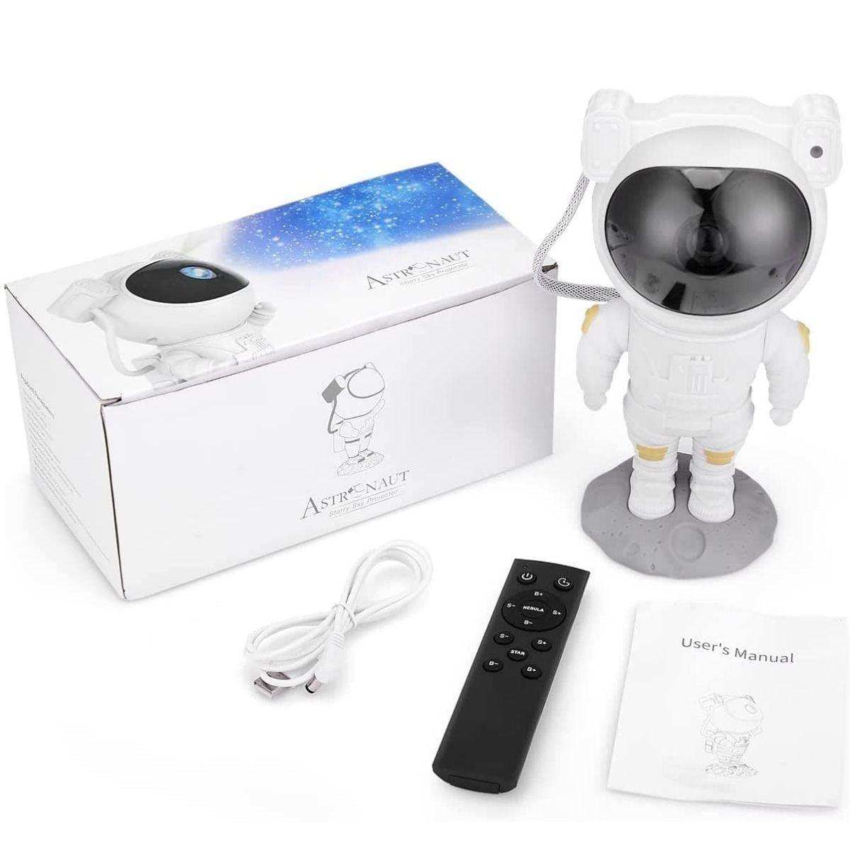 Glowly Astronaut LED galaxy projector with remote, USB cable, and user manual on white background