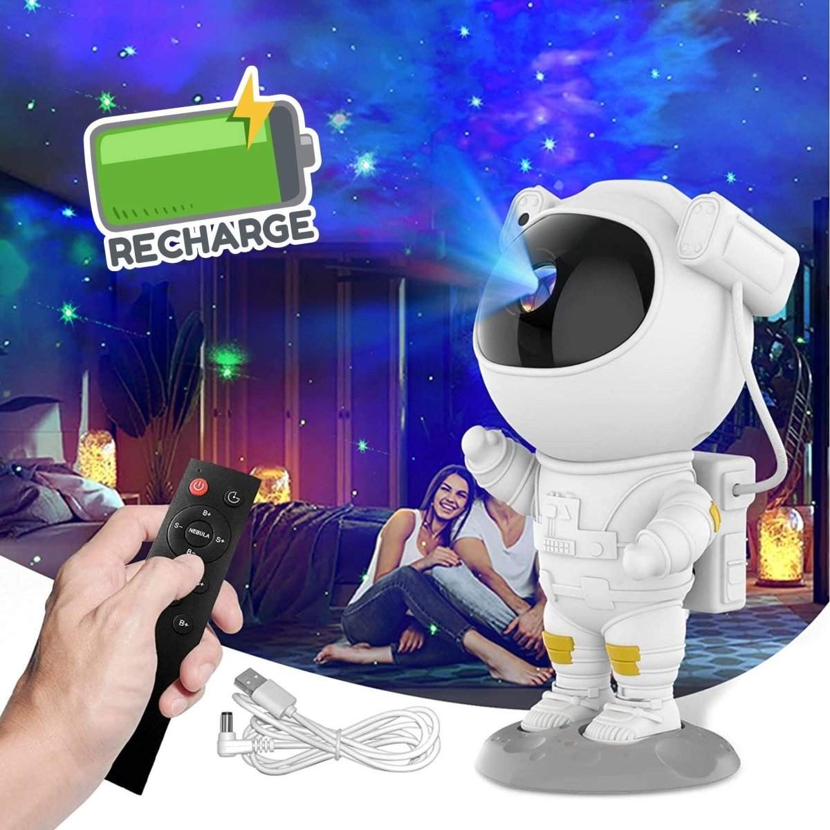 Glowly Astronaut LED galaxy projector with remote control and USB charging creating starry night ambiance indoors