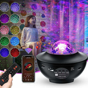 Glowly Galaxy Projector star night light with colorful star and nebula patterns, Bluetooth speaker, remote control, and customizable lighting effects.
