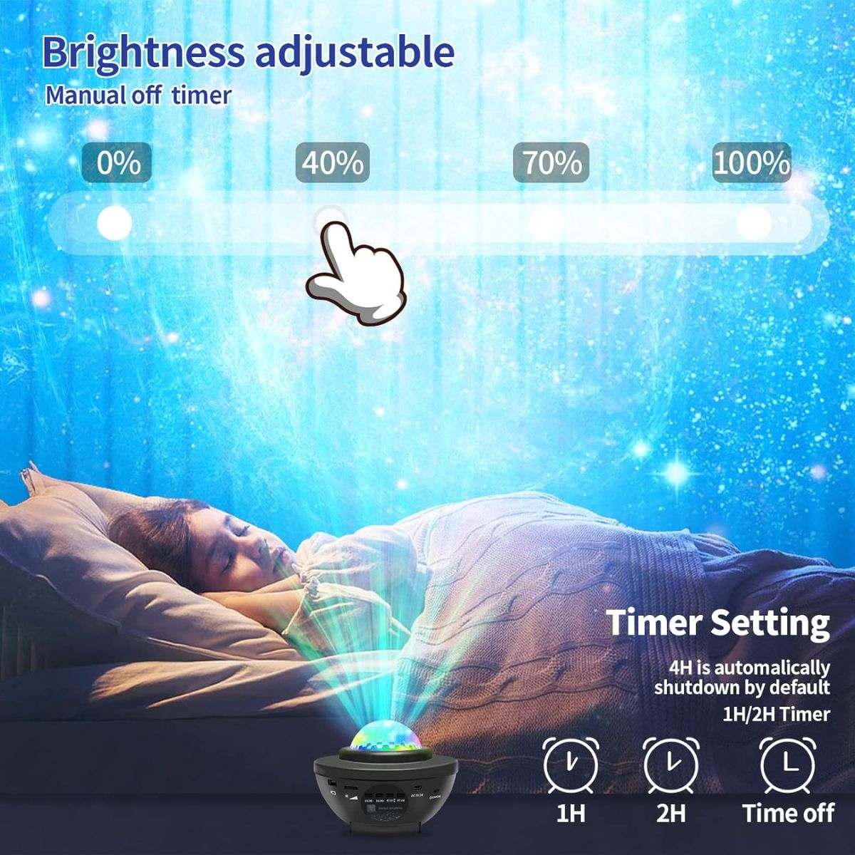 Glowly Galaxy Projector with adjustable brightness and timer settings projecting stars and galaxy lights over a sleeping person
