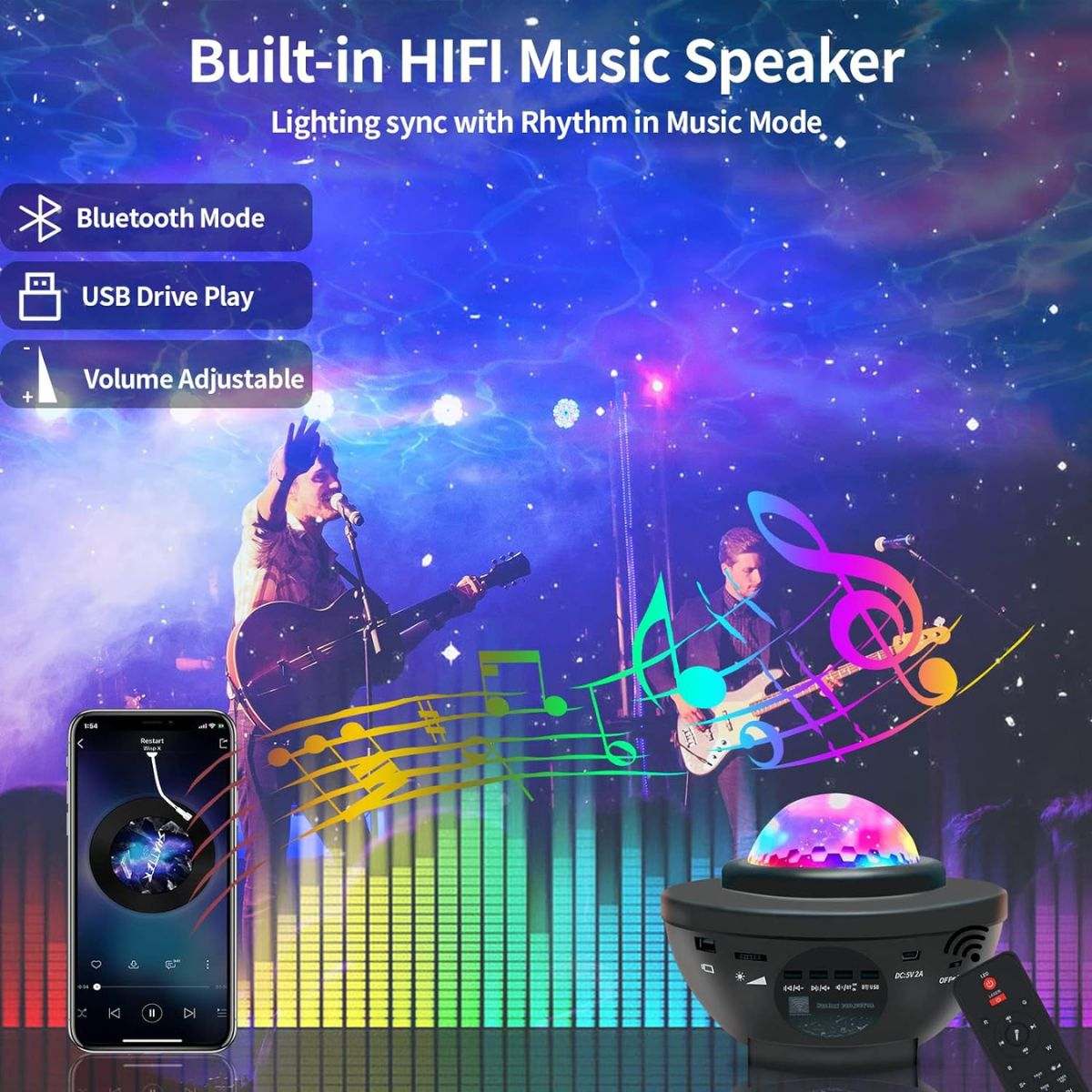 Glowly Galaxy Projector star night light with Bluetooth, built-in HiFi speaker, and remote control features