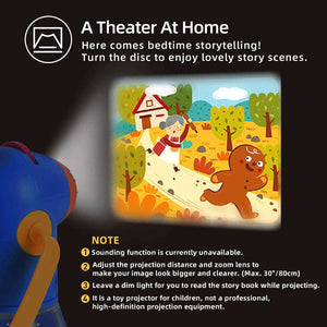 Magical Storybook Projector displaying a colorful bedtime story scene of a gingerbread man and old woman in a forest setting.