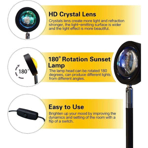 Glowly Sunset Lamp with HD crystal lens, 180-degree rotatable head, and easy switch control for dynamic lighting effects