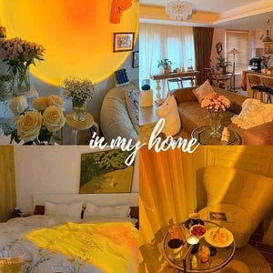 Glowly Sunset Lamp projecting warm, colorful light creating cozy, romantic ambiance in living room, bedroom, and lounge areas for perfect photo shoots and relaxing atmosphere