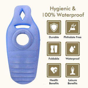 Blue inflatable pregnancy pillow with belly opening and waterproof hygienic features