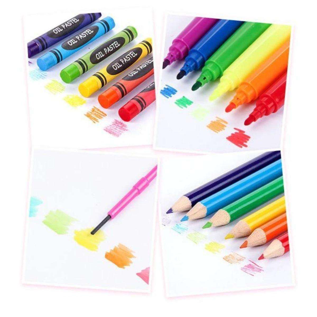 Kidst 208 Pieces deluxe art supplies kit with crayons, markers, colored pencils, and oil pastels showing vibrant color swatches
