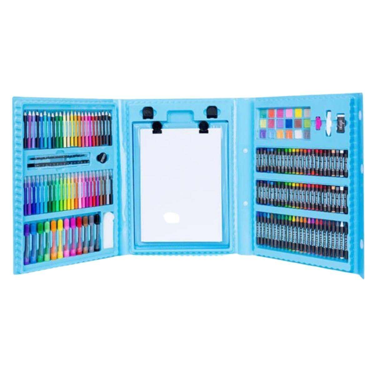 Kidst 208 Pieces Deluxe Art Supplies Kit with double-sided easel and colorful drawing tools in a portable blue case