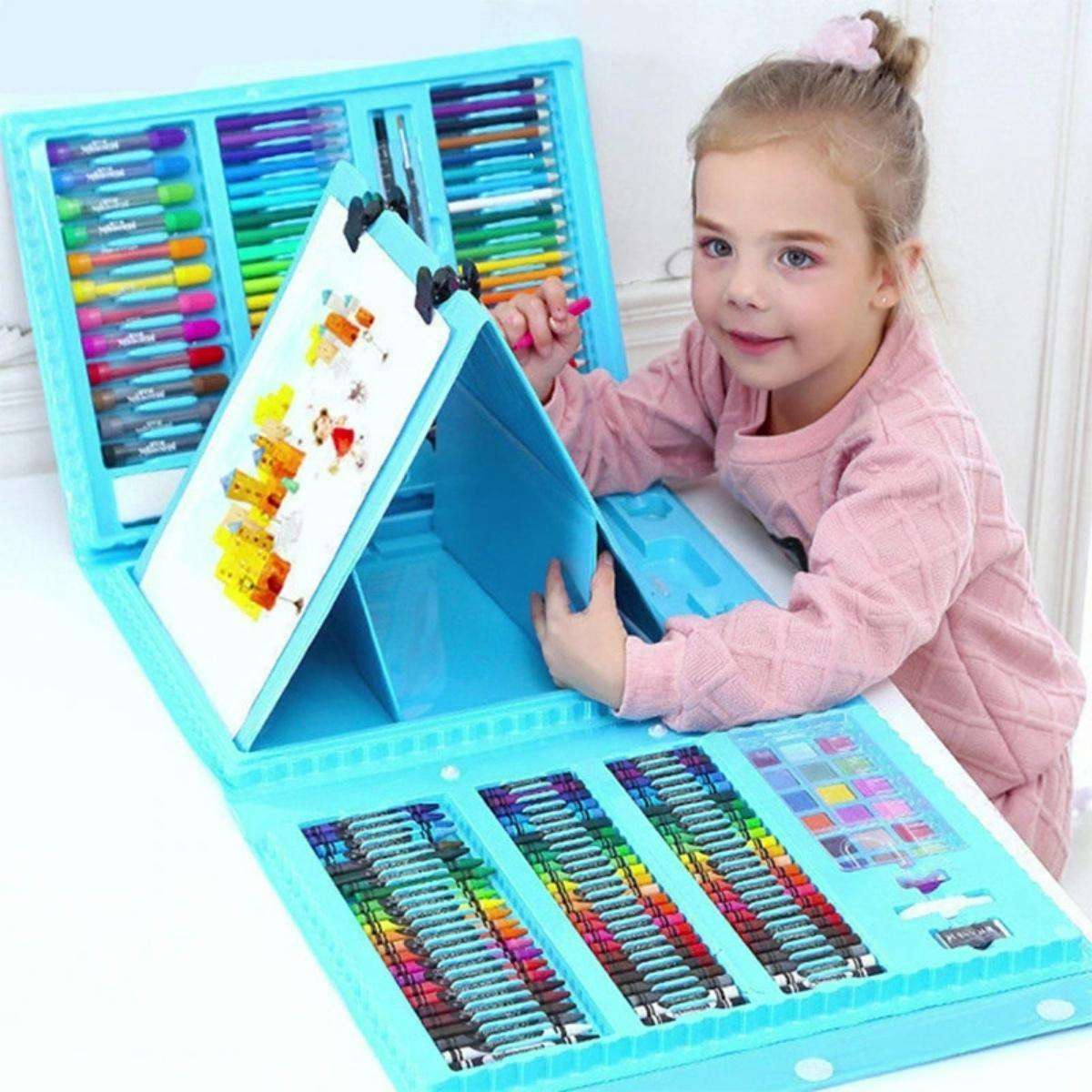 Kid with Kidst 208 Pieces Deluxe Art Supplies Kit featuring double-sided pop-up easel and colorful drawing tools
