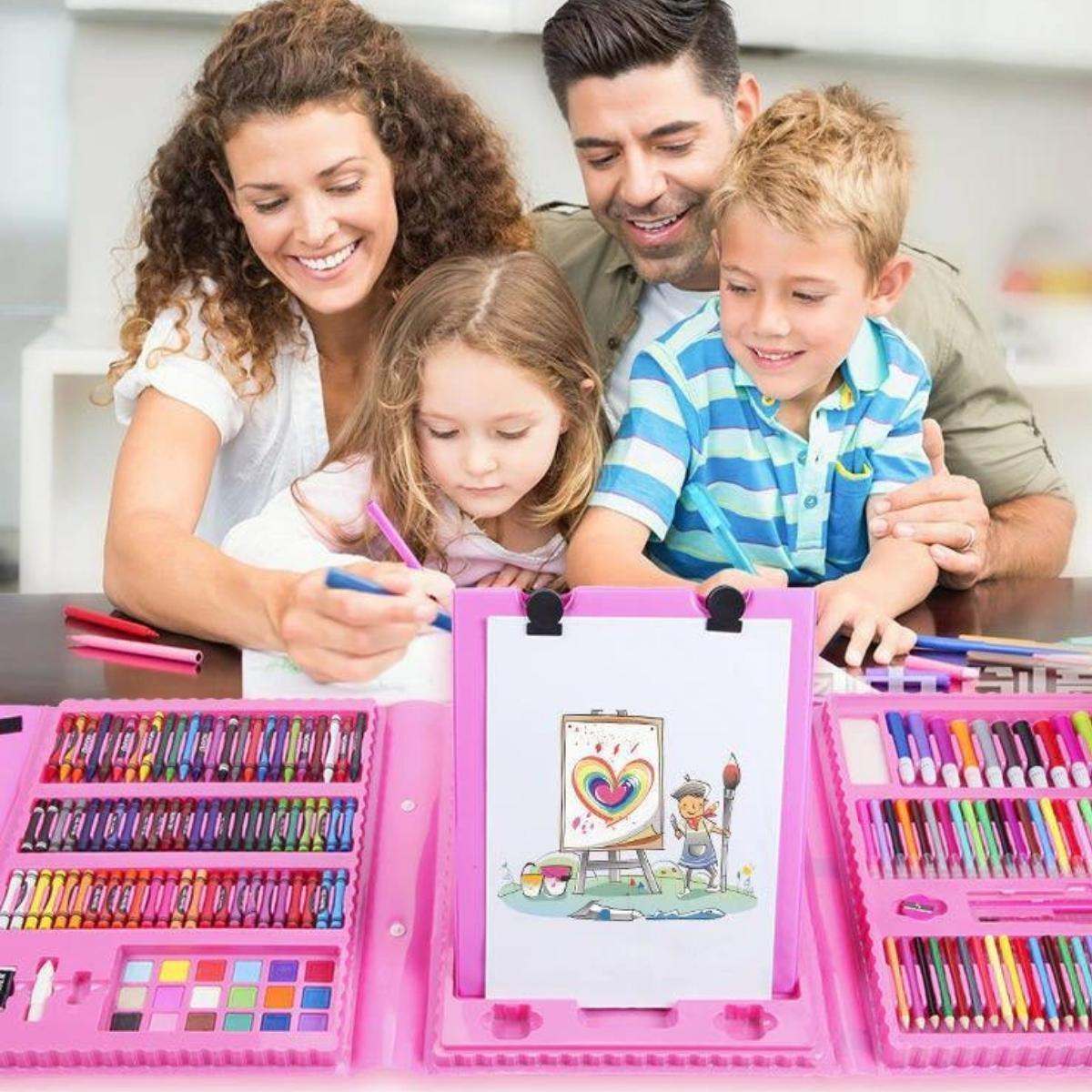 Family using Kidst 208 Pieces deluxe art supplies kit with double-sided easel and colorful art materials