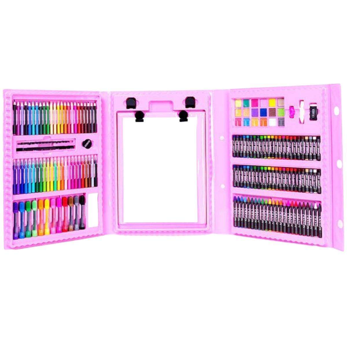 Kidst 208 Pieces deluxe art supplies kit with crayons, markers, colored pencils, watercolors, and pop-up easel in a pink trifold organizer case