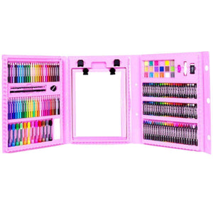 Kidst 208 Pieces deluxe art supplies kit with crayons, markers, colored pencils, watercolors, and pop-up easel in a pink trifold organizer case