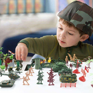 Child playing with Kidst 307PCS Military Toy Playset featuring detailed army men, tanks, helicopters, and accessories for imaginative battles and strategy games