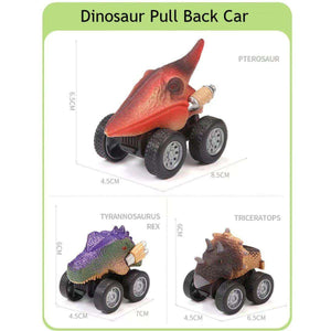 Kidst 3D Dinosaur Puzzle pull-back dinosaur toy cars featuring Pterosaur, Tyrannosaurus Rex, and Triceratops models with detailed designs and sturdy wheels.